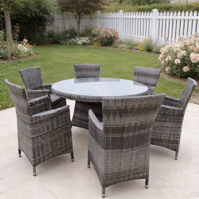 FURNITURE ONE 7 Piece Round Outdoor Dining Set with Powder Coated Aluminium Frame and Glass Top in Grey