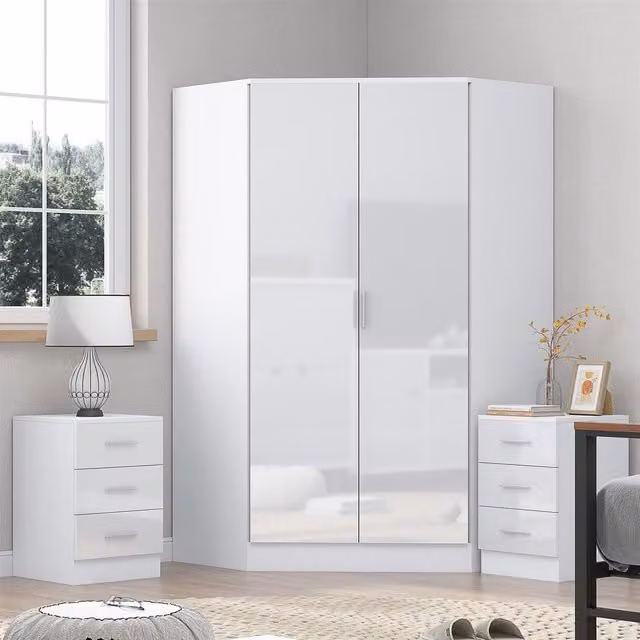 Reflect Modern Glossy Black and White Bedroom Set with Corner Unit and Two 3-Drawer Bedside Tables – 1