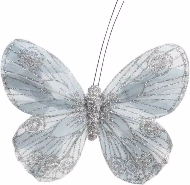 KDMD 12 Pack Silver and Multicolour Feather and Glitter Butterfly Decorations, 12 cm