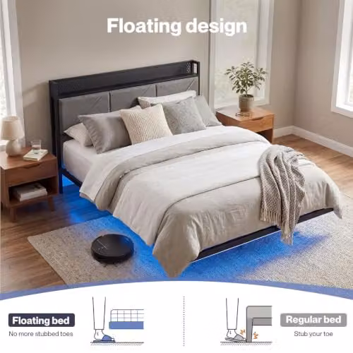 Levede Upholstered Floating Double Bed Frame with LED Under-Bed Lighting, USB Charging Ports and Side Compartments, Grey, W/D/H: 140 x 190 cm – 2