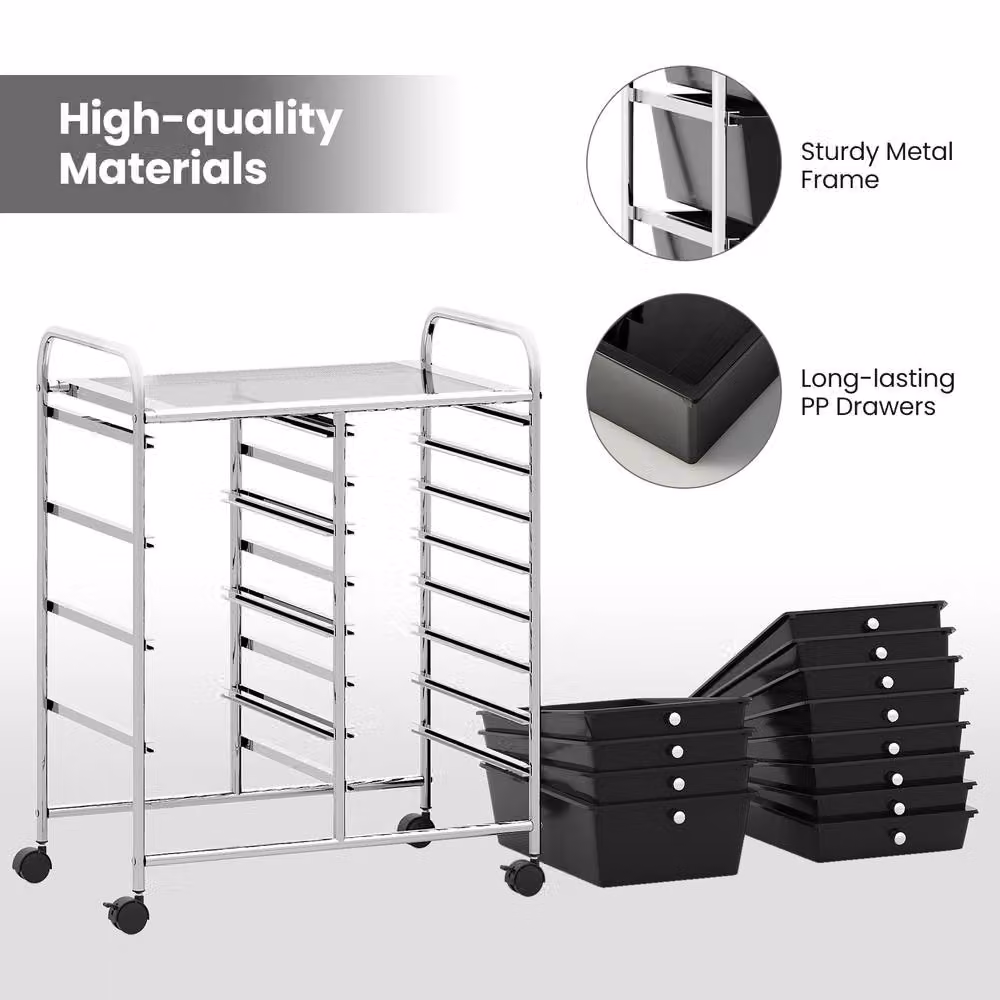 Costway Black Multi-Purpose Metal Utility Storage Cart with Castors and 2 Drawers – 7