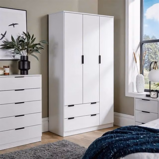 Home Source Phoenix Modern 3 Door 2 Drawer Wardrobe with Hanging Rail in White and Black – 1