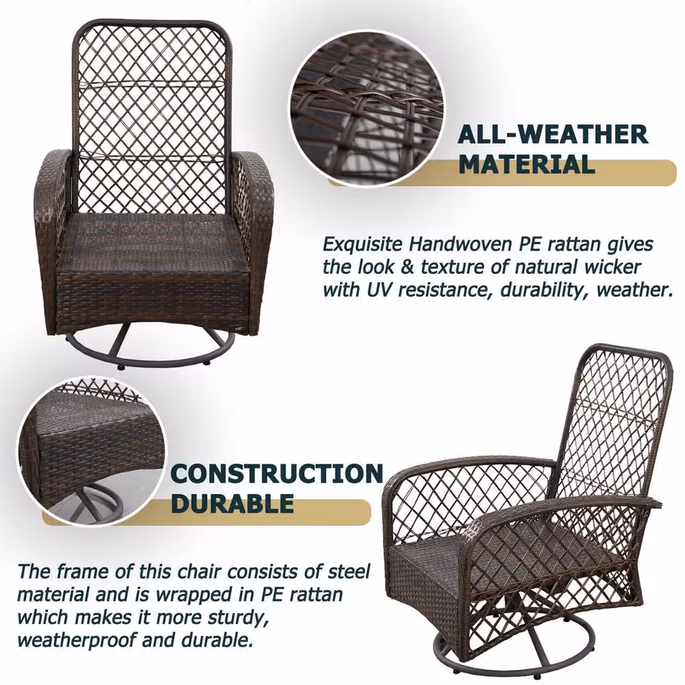 FURNITURE ONE Brown Polyrattan Patio Swivel Chair with Armrests and Weather Resistant Cushions – 7
