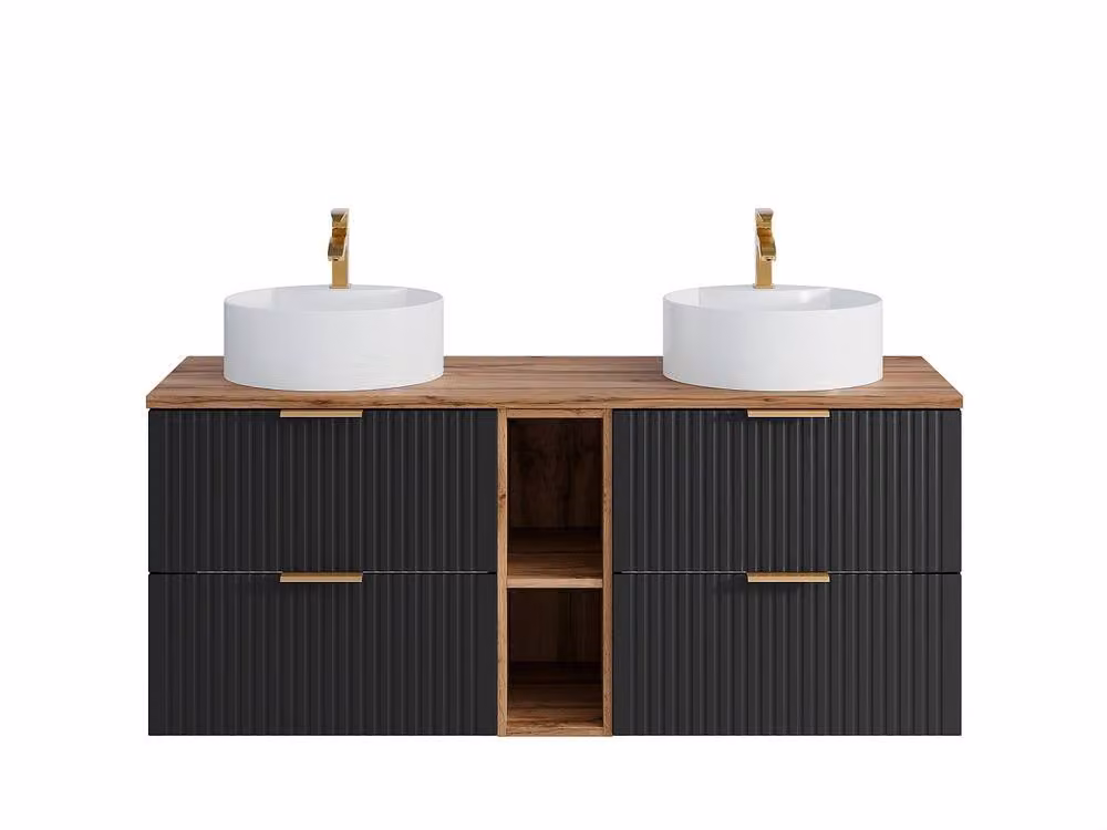 Vente-unique Suspended Striped Bathroom Vanity Unit with Niches and Double Round Sinks in Black – 2