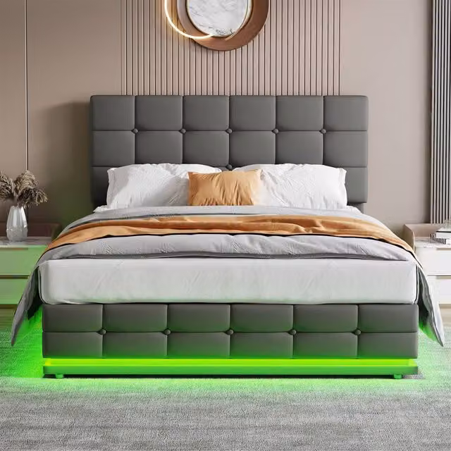 Merax Grey PU Leather Double Ottoman Bed with RGB LED Under-Bed Lighting and Tufted Headboard, W/D/H: 140 x 200 x 137 cm