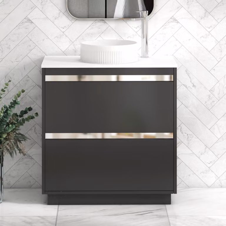 Royal Bathrooms Orion 800mm Matt Obsidian Black and Plain White Floor Standing Freestanding Vanity Unit with 2 Drawers, Stone Countertop and Round Basin
