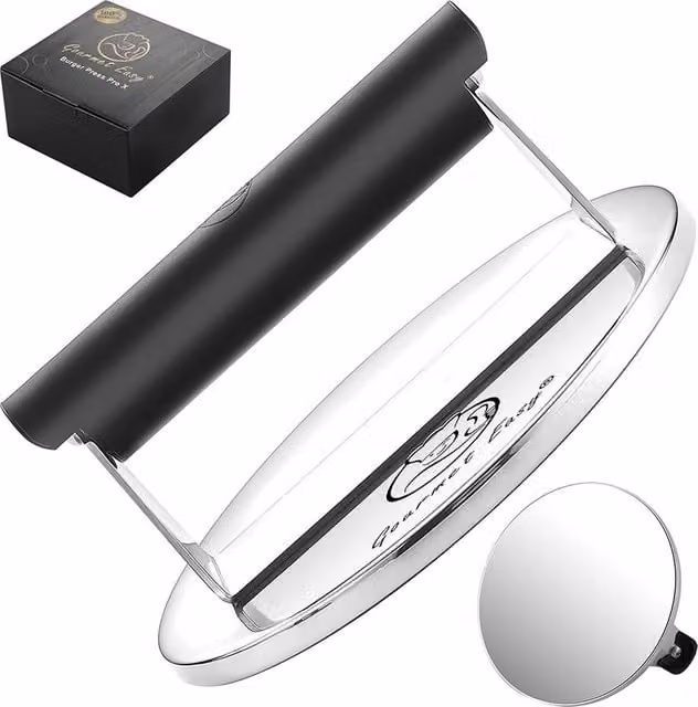 Gourmet Easy Stainless Steel Round Smash Burger Press in Silver with Ergonomic Grip