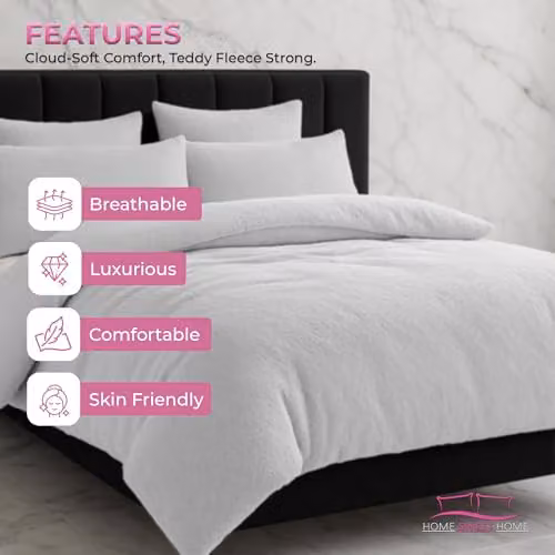 Home Sweet Home UK White Teddy Bear Fleece Duvet Cover and Pillowcase Set, Single – 4