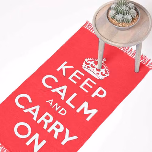 HOMESCAPES Handwoven Keep Calm and Carry On Nostalgic Area Rug, Red and White 100% Cotton, W: 60 cm, L: 100 cm