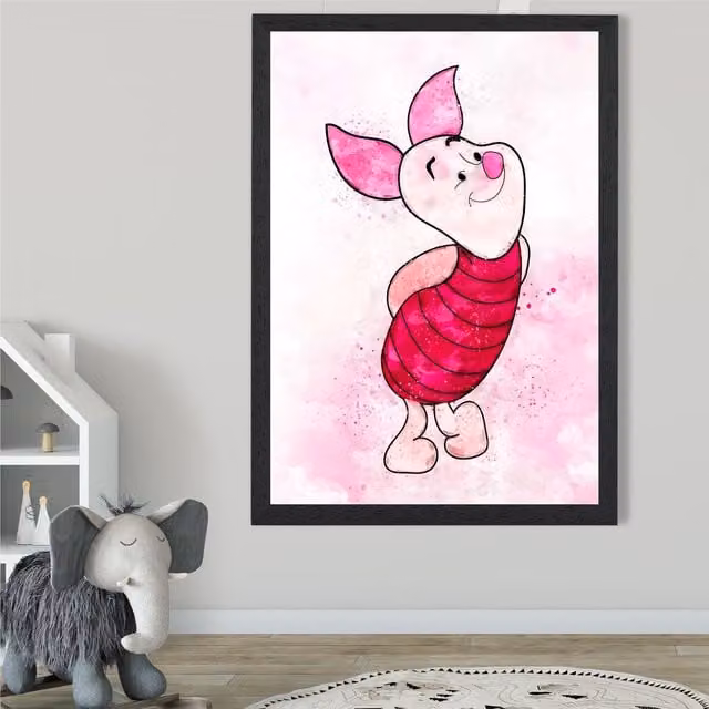 ARTZE Piglet Watercolour Winnie the Pooh Art Print in Pink with Black Frame – 1