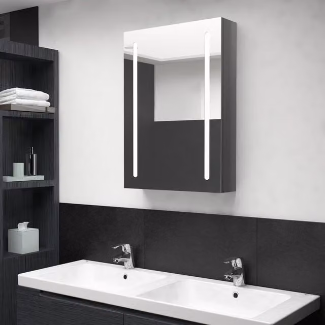 Berkfield Home LED Bathroom Mirror Cabinet in Shining Grey, W: 50 cm, D: 13 cm, H: 70 cm