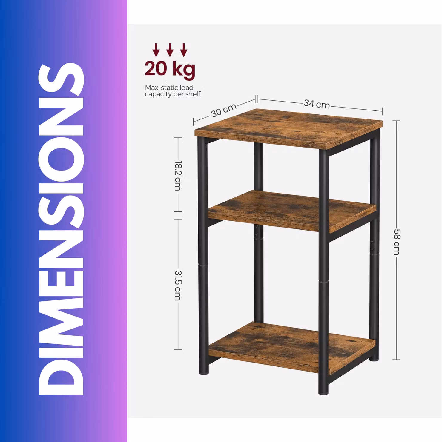 Rafaelo Mobilia 3 Tier Square Side Table with Steel Frame in Brown, W/D/H: 30 x 30 x 58 cm – 5