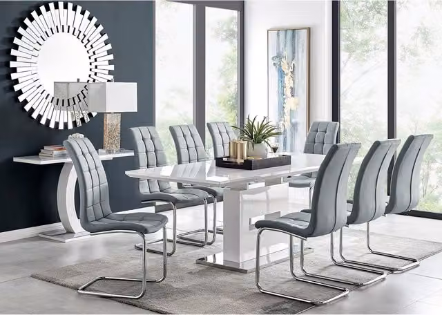 FurnitureboxUK Arezzo Large Extending Rectangular Dining Table and 8 Murano Chairs in Grey and White