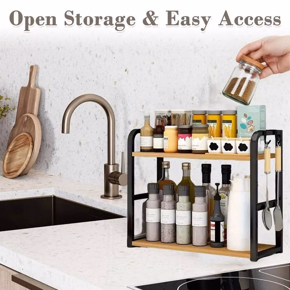 KORVIXA 2 Tier Black Metal Kitchen Spice Rack and Storage Shelf – 5