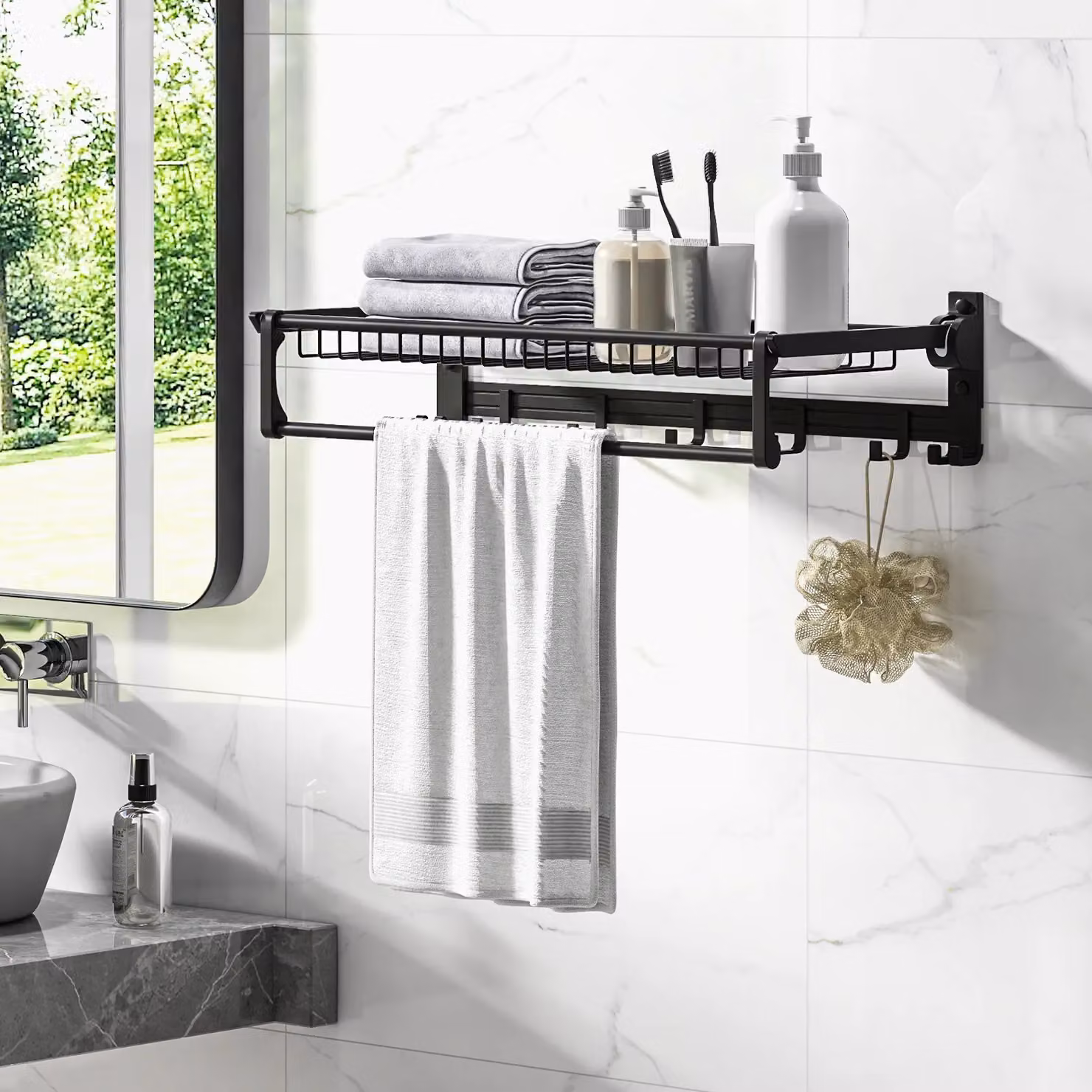 Costway Foldable Wall Mounted Bathroom Towel Rack with Adjustable Bar and Hooks, Black, W: 104 cm, H: 119 cm – 3
