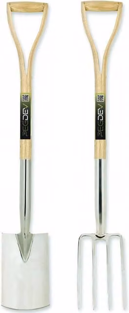Pegdev Perennial Stainless Steel Border Spade and Fork Set with Light Oak Handles in Silver and Brown