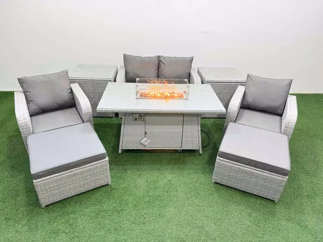 Fimous 6 Seater Light Grey PE Wicker Rattan Garden Furniture Set with Firepit Dining Table, Reclining Chairs, 2 Stools and 2 Side Tables