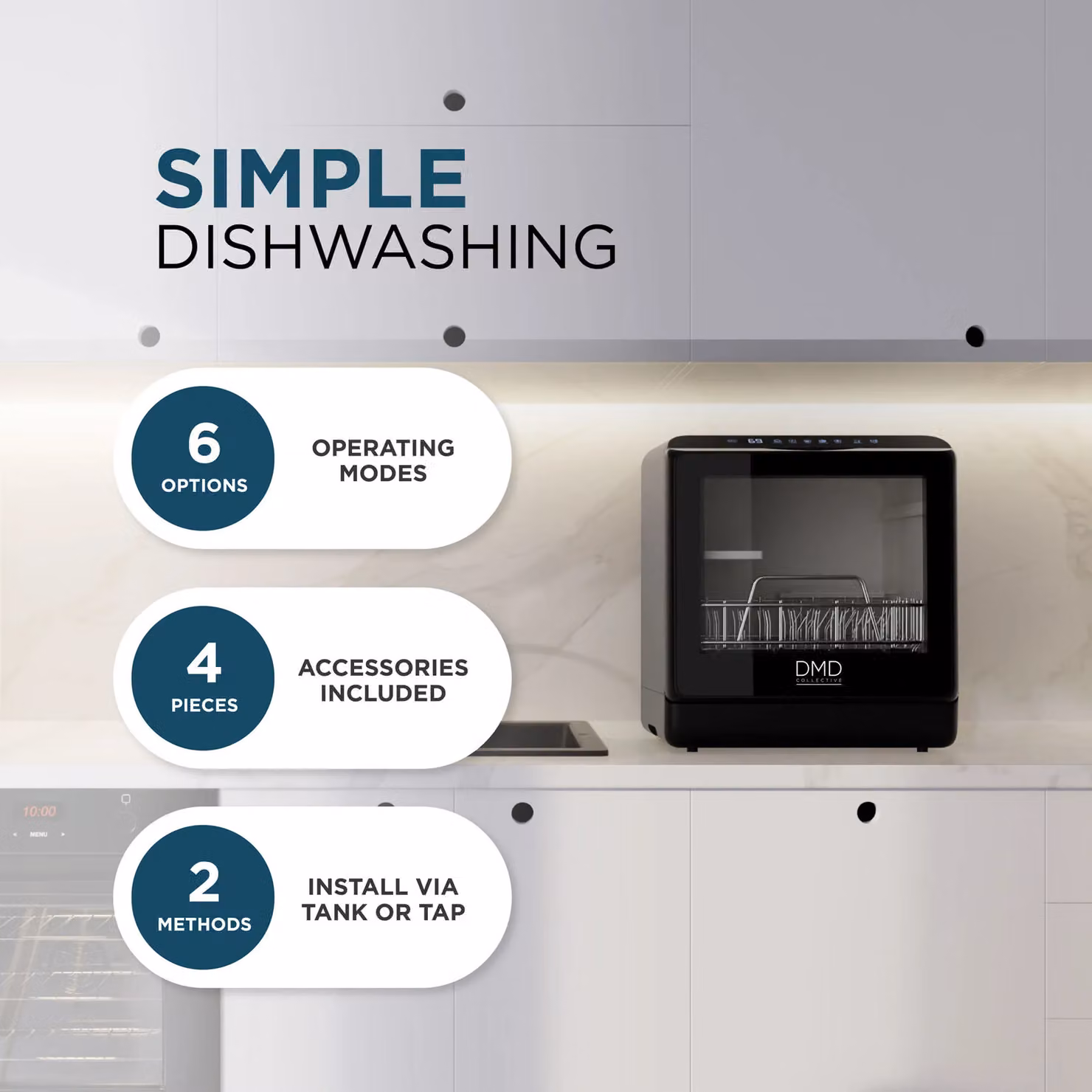 DMD Collective Mini Countertop Dishwasher in Black with 5L Built-In Water Tank and 6 Wash Programmes – 3