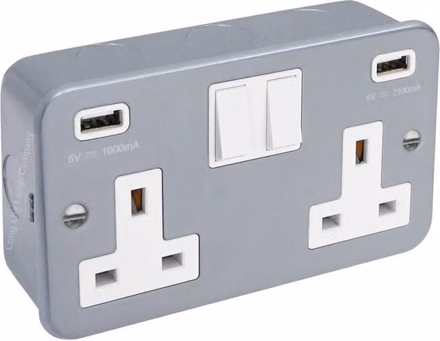 SPETLEK Metal Clad 13 Amp Double 2 Gang USB Switched Socket in Grey
