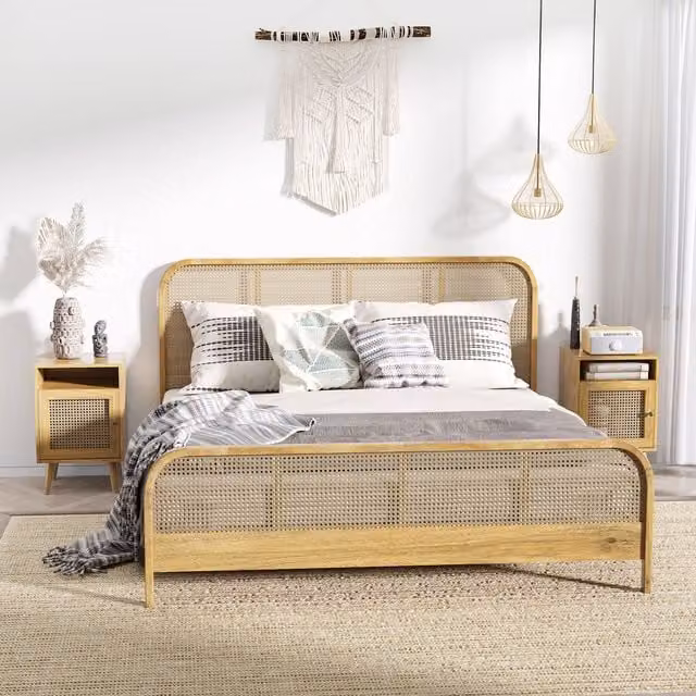 HOMCOM Set of 2 Light Brown Bedside Tables with Open Shelf and Rattan Door