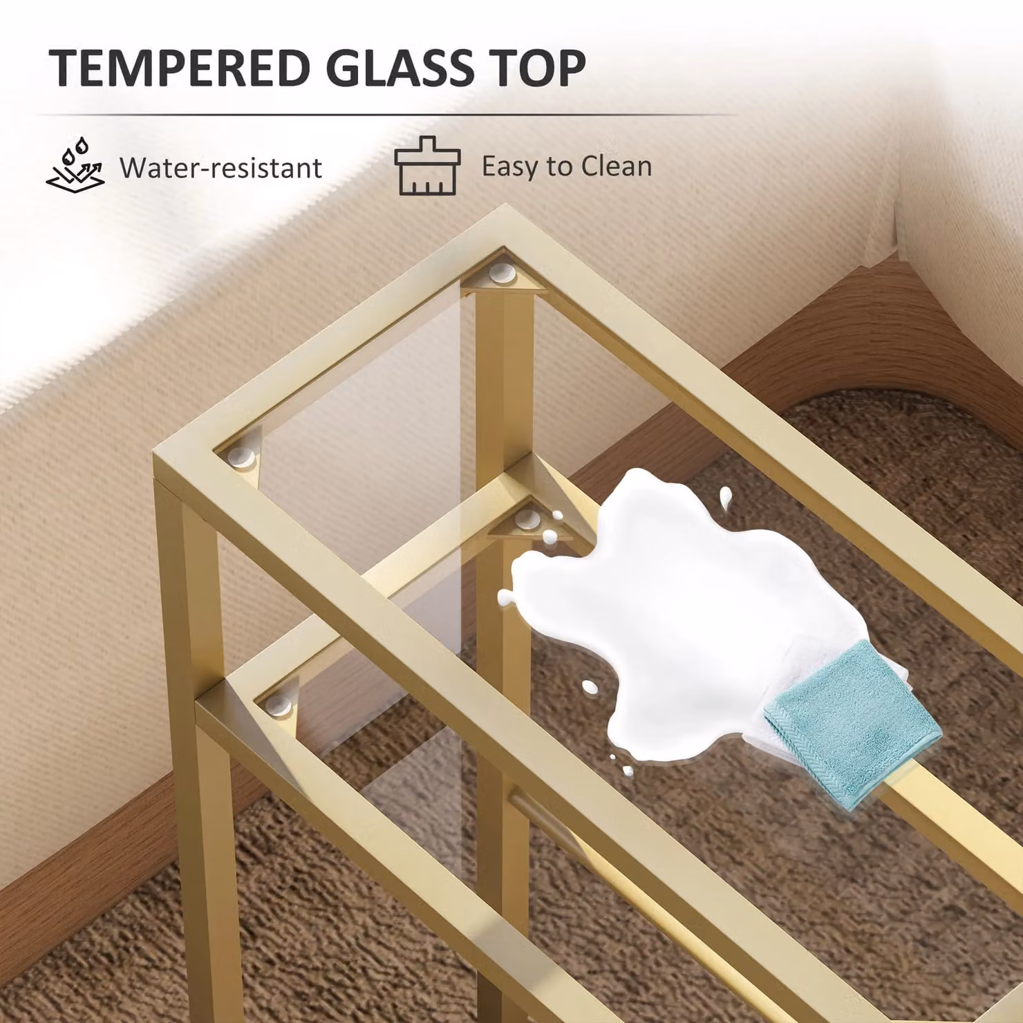 HOMCOM Modern Slim Side Table with Tempered Glass Tabletop in Gold – 4