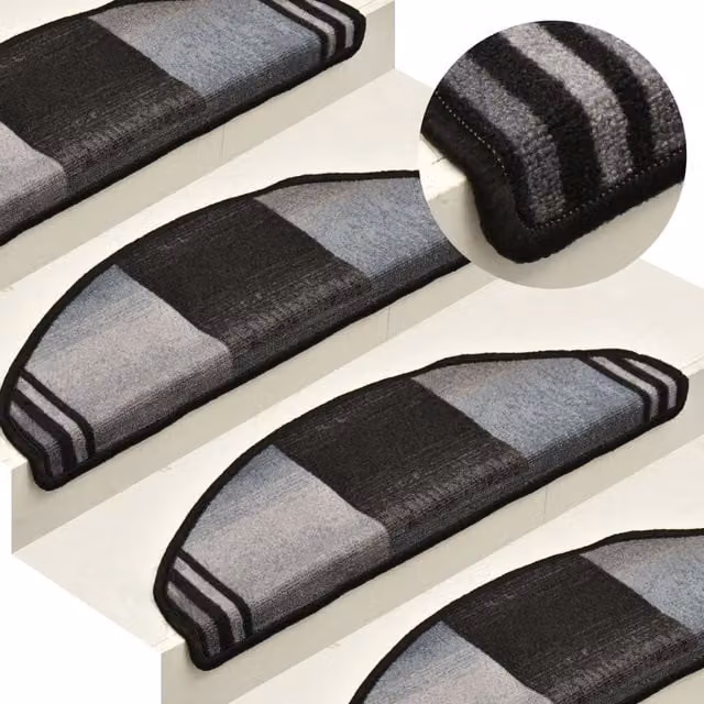 Berkfield Home Self-adhesive Non-slip Stair Mats, 15 Pieces, Black and Grey Striped, W/D/H: 65 x 21 x 4 cm – 1