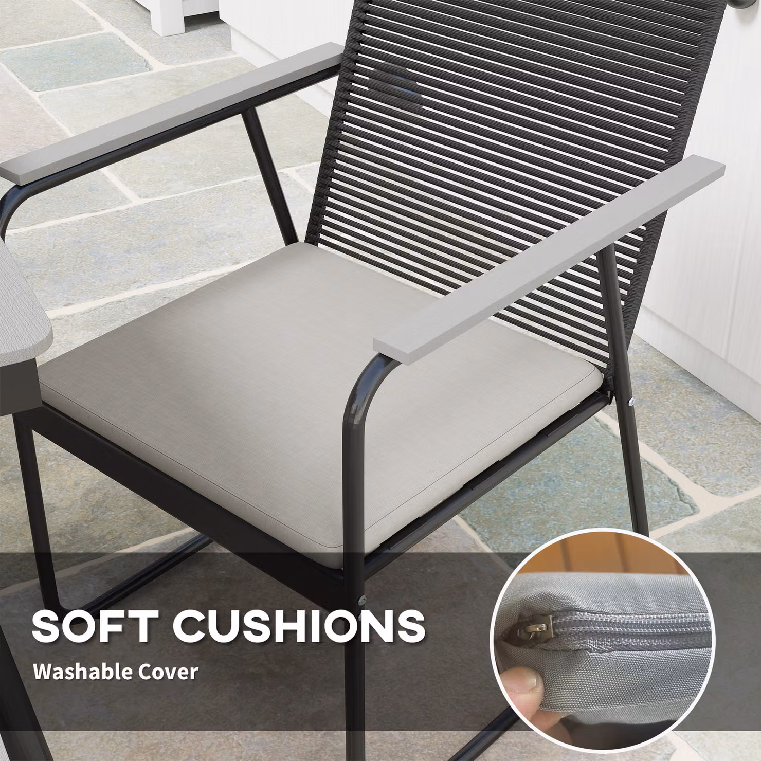 Outsunny 6 Seater Grey Rattan Garden Dining Set with Rectangular Composite Table and Soft Cushions – 4