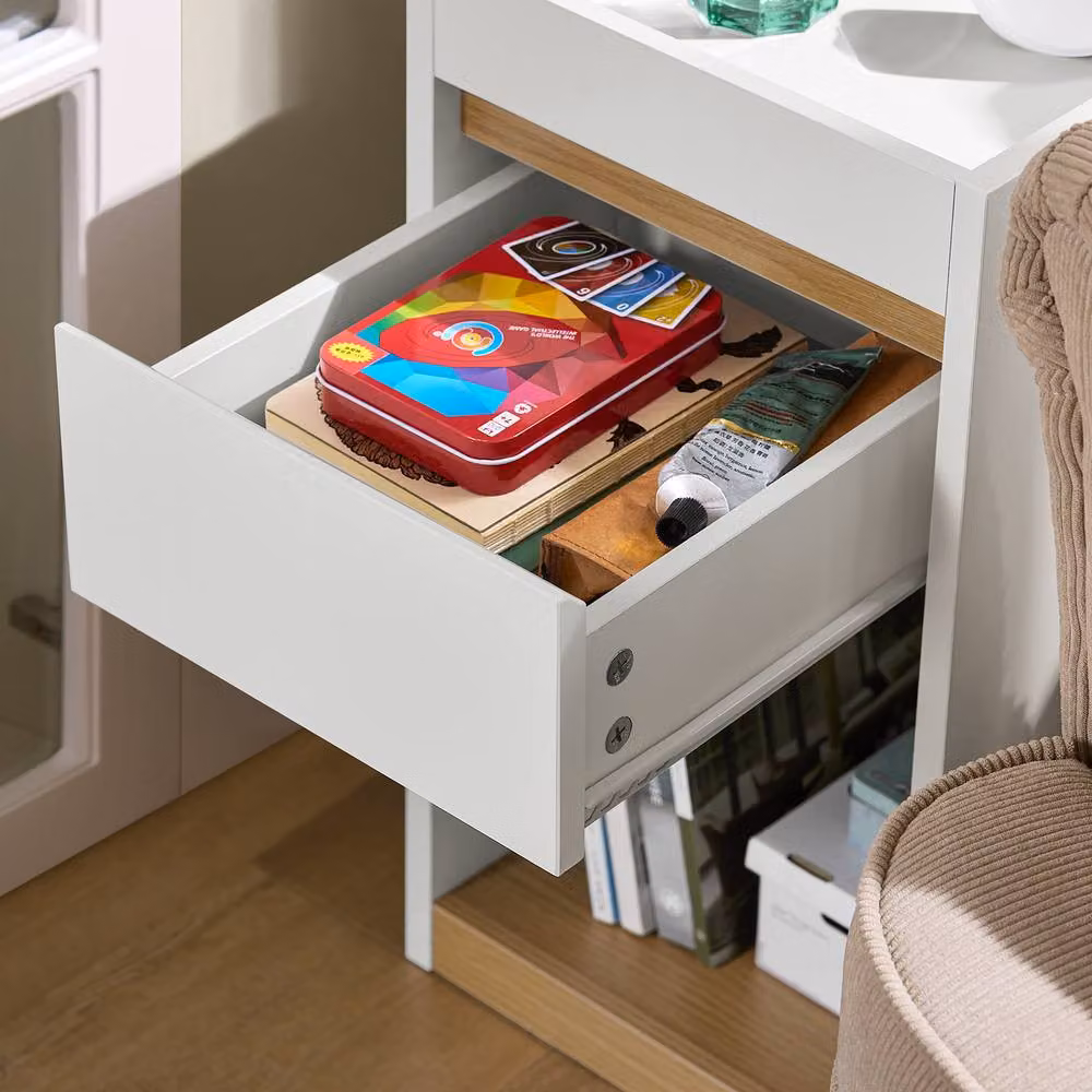 SoBuy Modern Compact Nightstand with Top Tray and Drawer in White – 5