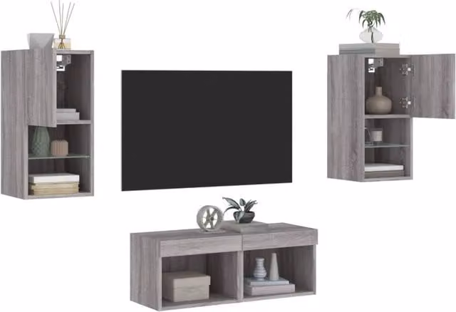 Berkfield Home 4 Piece Modern Wall Mounted TV Cabinet Set with Integrated LED Lights in Grey Sonoma
