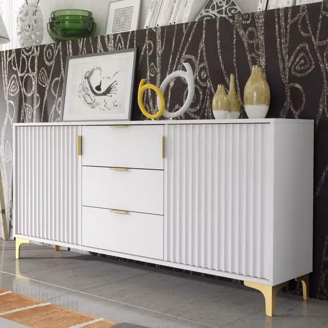 Mex Furniture LTD Tide Crest Modern Sideboard in White and Gold, W: 140 cm, H: 80 cm, D: 35 cm