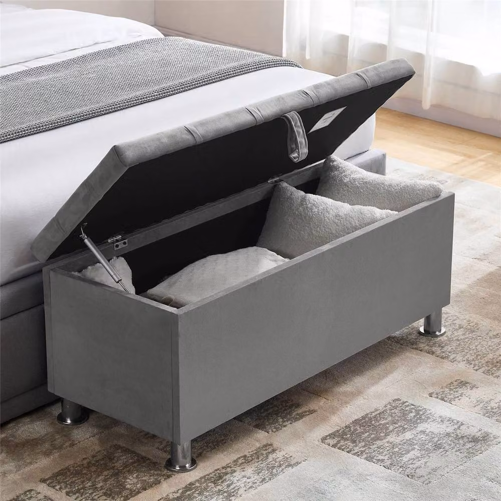 ERGOVEXA Grey Velvet Storage Ottoman Seat Stool and Toy Box Chest – 5