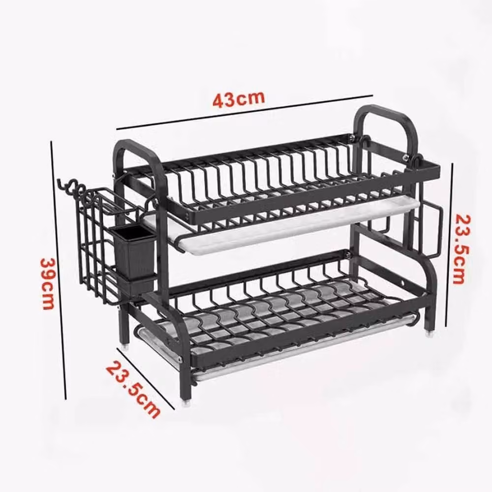 Kelvenix 2-Tier Black Dish Drying Rack with Drip Tray and Cutlery Holder – 2