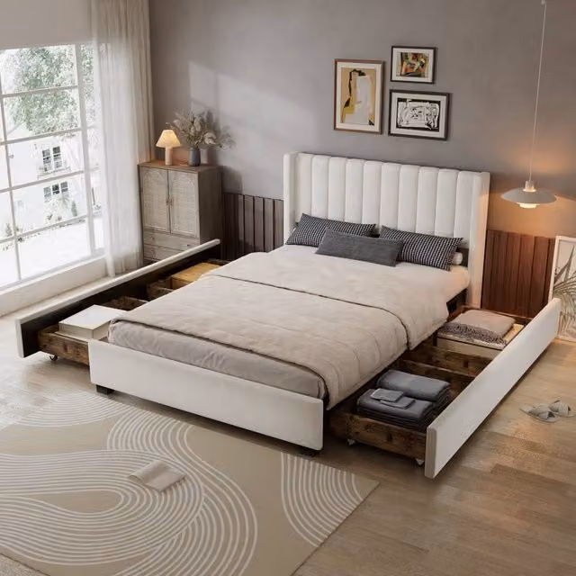 Matteo Velvet Upholstered Double Bed Frame with Drawers, Beige, W/D/H: 140 x 200 cm – 1