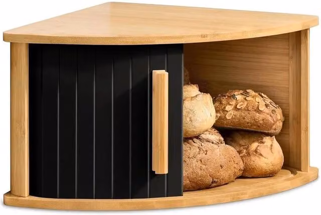 KORVIXA Bamboo Corner Bread Bin with Roll Front in Natural Brown, W/D/H: 100 x 100 x 20 cm – 1