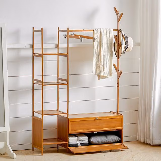 Livingandhome Brown Bamboo Free-Standing Clothes Rail and Dual Hook Coat Rack