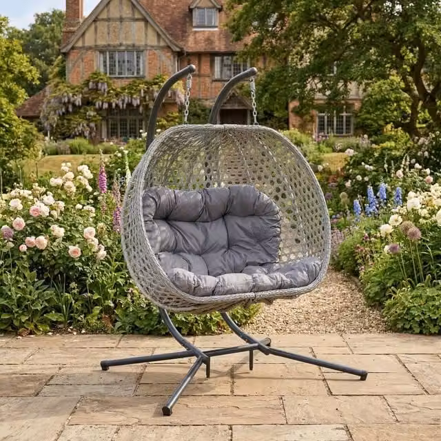 Rosewood & Stone Home Knole Double Egg Chair in Dark Grey on Grey, 2 Seater Garden Chair, W/D/H: 190 x 130 x 105 cm