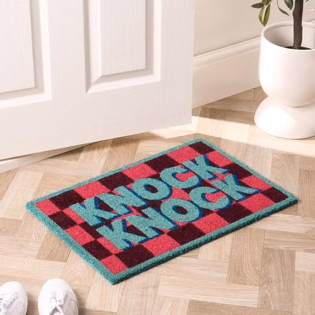 OHS Knock Knock Coir Doormat with Pink and Blue Checkerboard Print, W/D: 60 x 40 cm