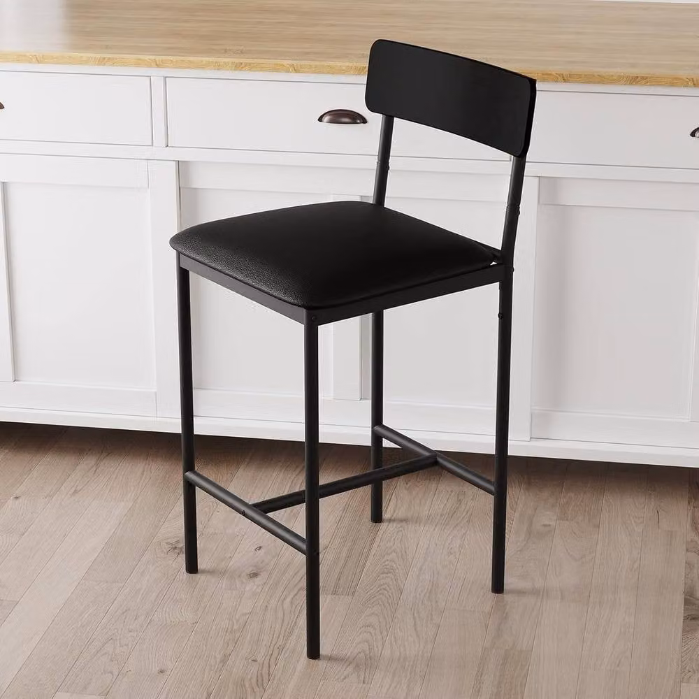 London Boutique Set of 4 Modern Counter Height Bar Stools in Black Synthetic Leather – 4