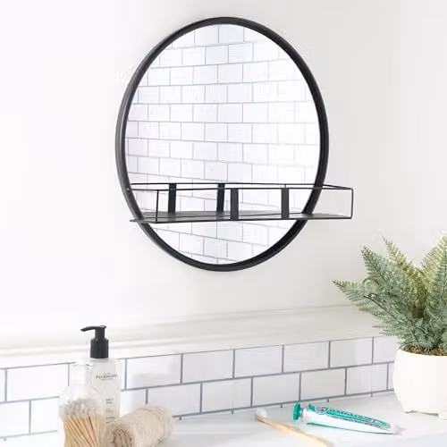 OHS Black Round Wall Mounted Bathroom Mirror with Shelf, Diameter: 40 cm