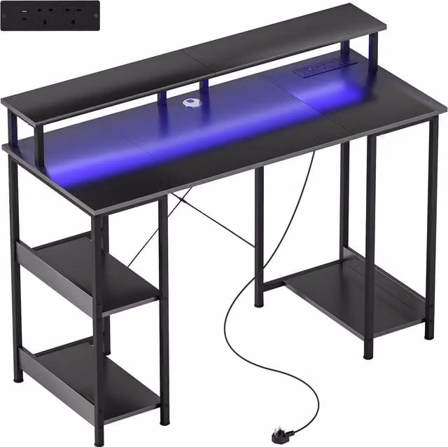 HOMCOM Modern LED Computer Desk with Power Outlets and Shelves in Grey and Black, W/D/H: 120 x 60 x 89.5 cm
