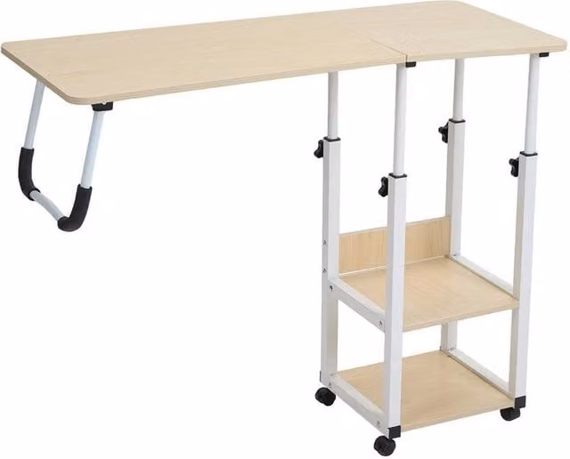 KORVIXA Drop Leaf Over Bed Table, C-Shaped Height Adjustable Side Table in Beige, H 100 x W 91 x D 100 cm