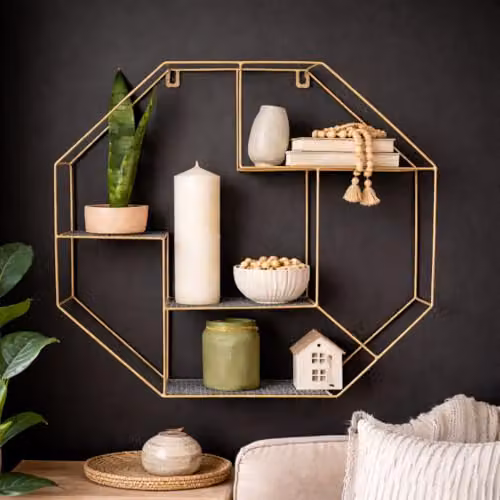 SPOT ON DEALZ Modern Gold Hexagon Wall Shelf with Matt Metal Round Tube Design – 3