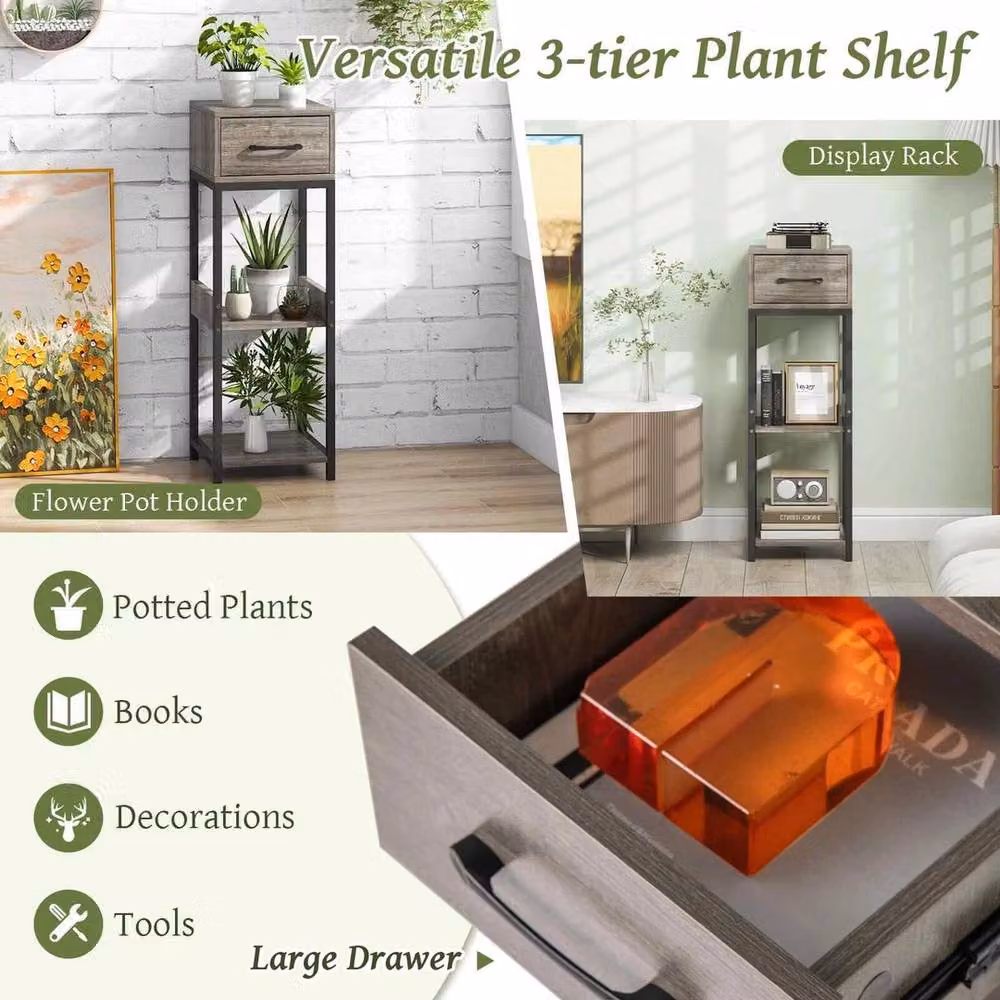 VOGREX 3-Tier Metal Plant Stand with Drawer in Grey – 5