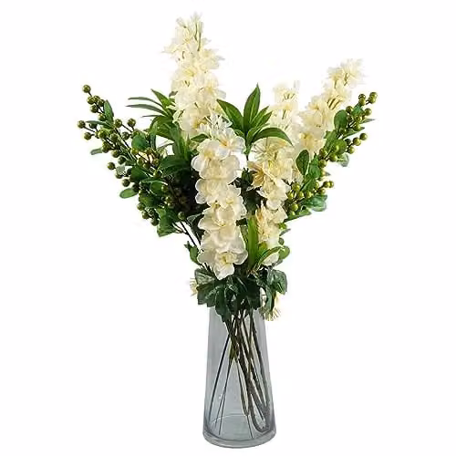 Leaf Design UK Mixed Floral Artificial Flower Display with Glass Vase in Green, White, Grey and Gold, H 60 cm x W 45 cm x D 12 cm – 2