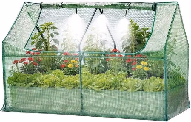 VOGREX 3-in-1 Large Metal Raised Garden Bed with Greenhouse Cover in Green, W/D/H: 123.0 x 96.5 x 96.5 cm