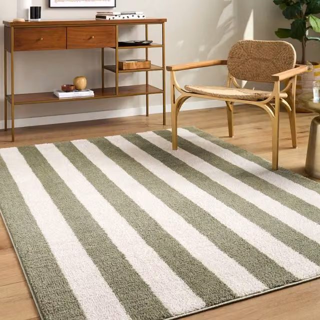 Livabliss Fossay Shag Washable Striped Living Room Rug in Green and Cream, W/D/H: 200 x 275 cm