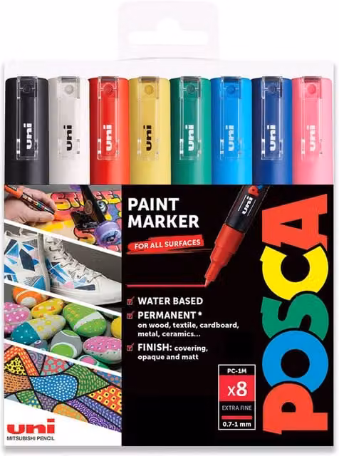 POSCA PC-1M Paint Marker Art Pen Set, 8 Multicolour Permanent Pigment Bullet Tip Pens with 0.7mm Nib