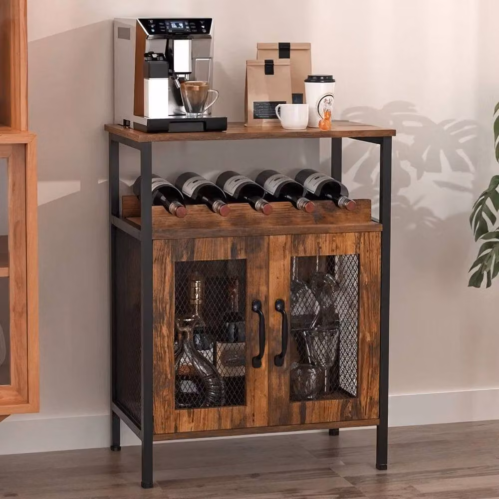 KORVIXA Rustic Industrial Wooden Wine Storage Cabinet with Glass Doors in Brown, W/D/H: 100 x 100 x 100 cm – 3