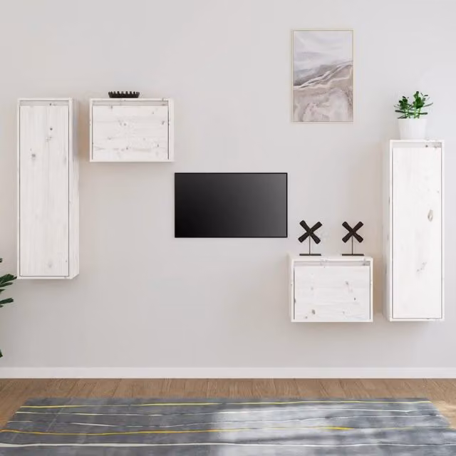 Berkfield Home White Solid Wood Pine Wall Mounted TV Cabinet Set of 4 – 1