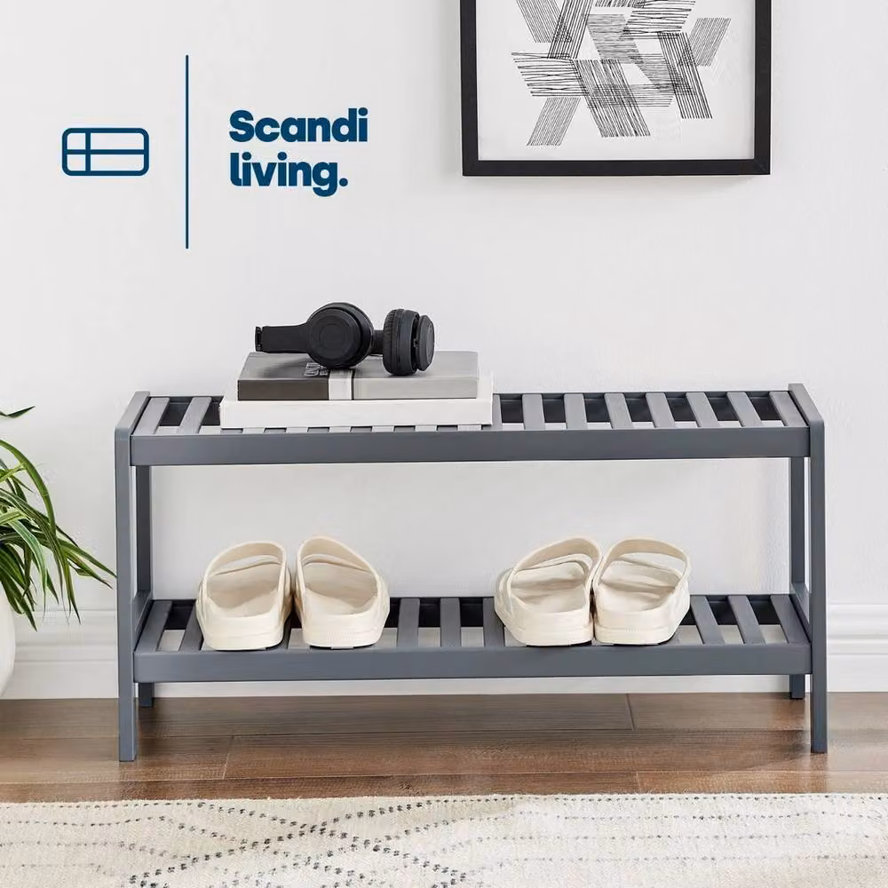 NESTLUNE Grey Bamboo 2 Tier Shoe Rack Storage Bench for Hallway, Bedroom or Bathroom, W: 100 cm, D: 15 cm – 2